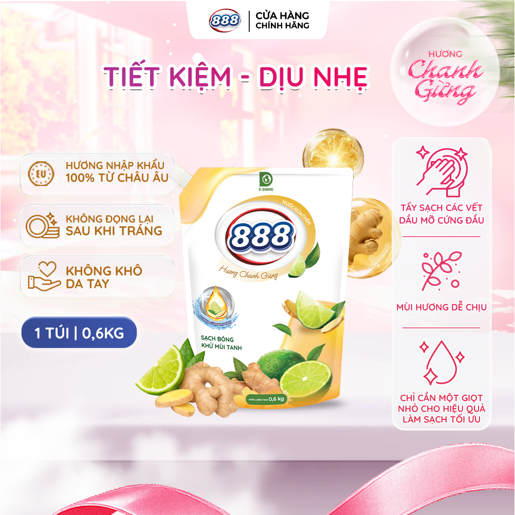 Combo 4 Túi Nước Rửa Chén 888 Hương Chanh Gừng Dịu Nhẹ Cho Da Tay 0.6kg/Túi