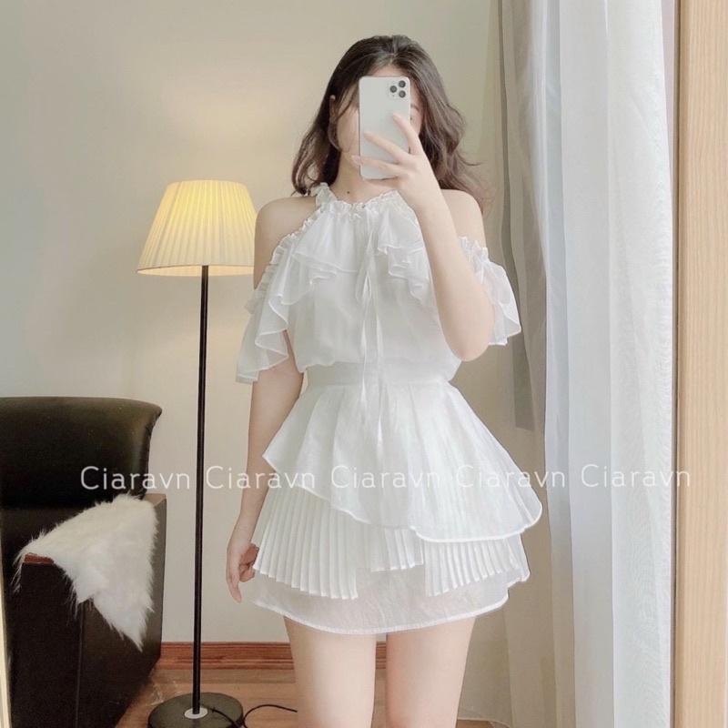 Sét Áo Trắng Cổ Yếm Bèo Mix Chân Váy Sét Siêu Xinhh