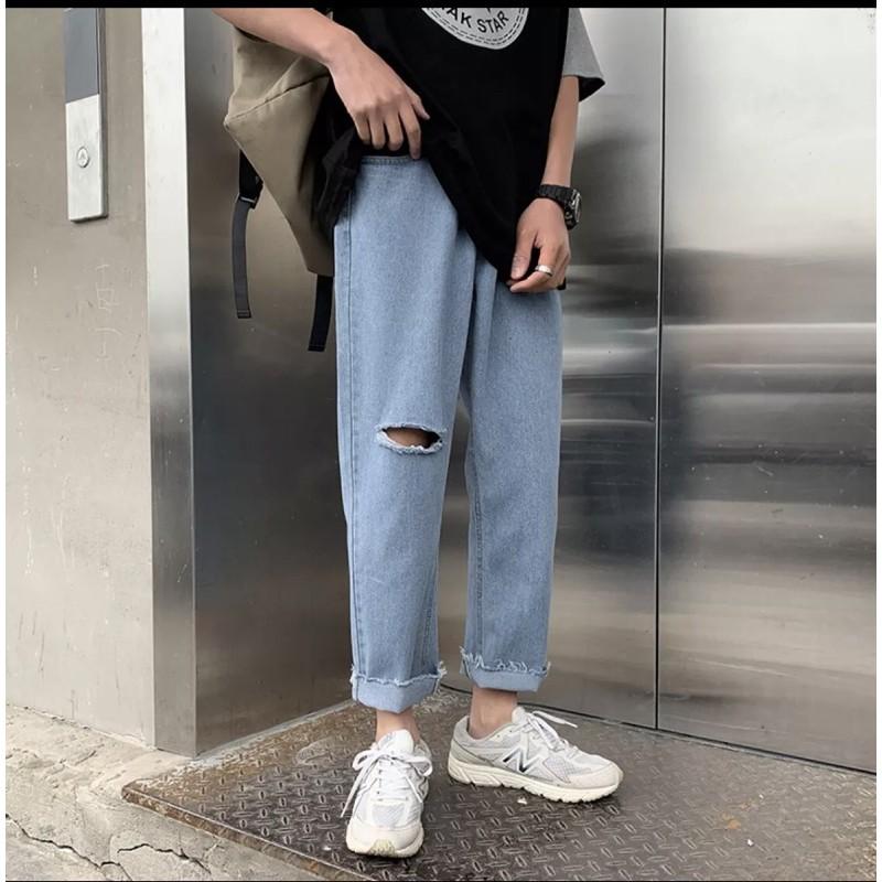 Quần Jean Baggy nam đen+ xanh sky rách gấu+ gối style hàn quốc 2021