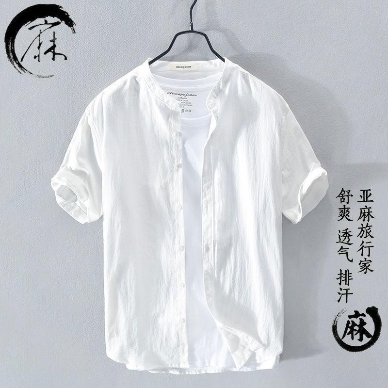 Áo Sơ Mi Cotton Lanh Mỏng Cổ Đứng Tay Ngắn Dáng Rộng Thời Trang Mùa Hè Cho Nam Giới