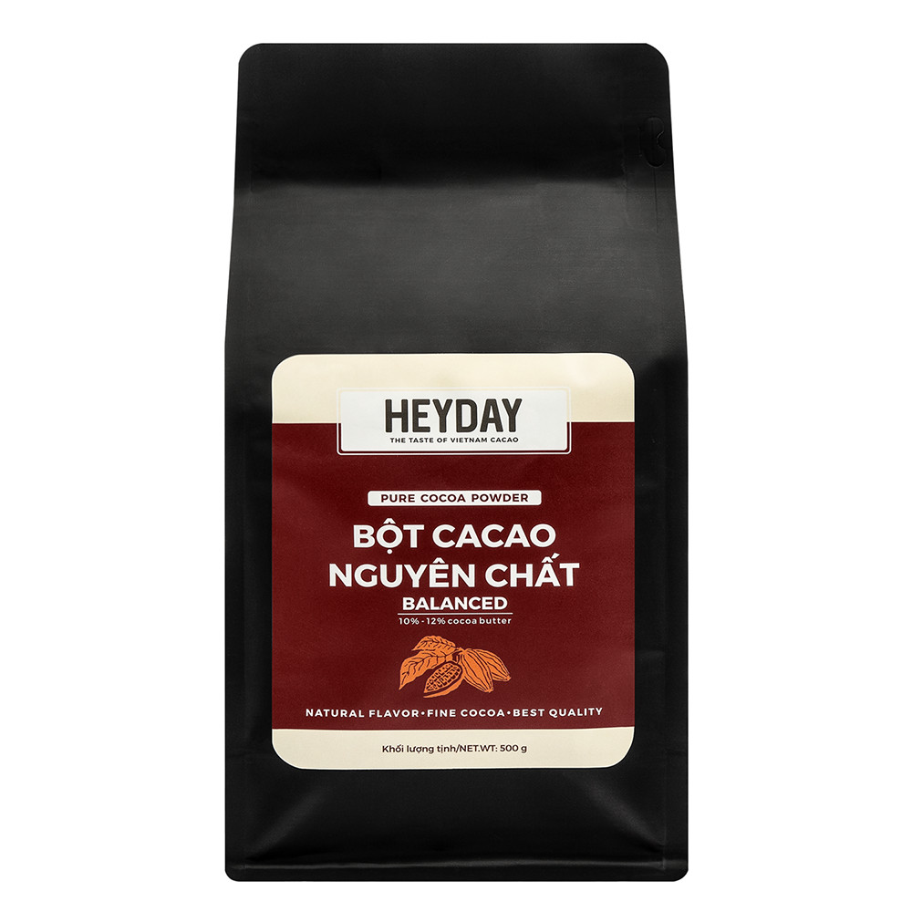 Bột cacao nguyên chất 100% Việt Nam - Dòng Balanced phổ thông túi 500g - Chuyên dùng làm bánh, pha chế cho quán cà phê - Heyday Cacao