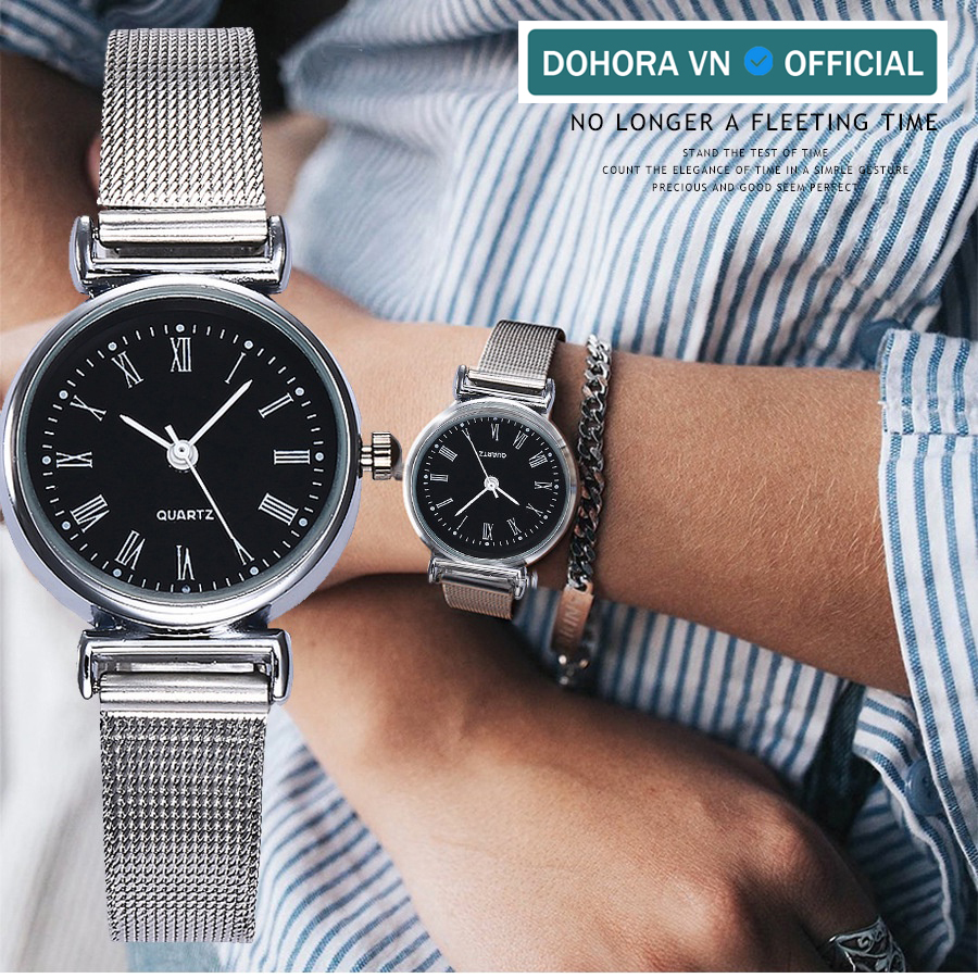 Đồng hô thời trang nữ dây thép mặt tròn số la mã DOHORA VN DSDH109 máy pin chạy 3 kim cao cấp chống nước sinh hoạt nhẹ dành cho học sinh cấp 2 sinh viên công sở đi làm - Hàng nhập khẩu