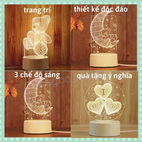 Đèn ngủ 3D/ đèn ngủ để bàn kiểu dáng siêu xinh - 3 chế độ sáng, làm trang trí phòng ngủ, quà tặng ý nghĩa