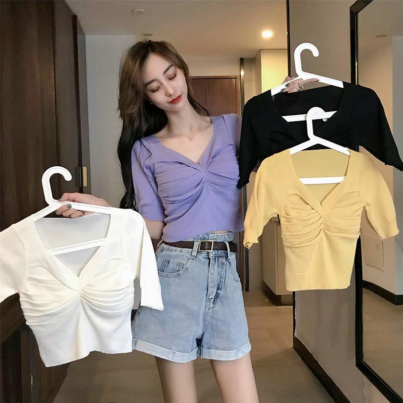 Áo Thun Tay Ngắn Cổ Chữ V Màu Trơn Thiết Kế Đơn Giản Thời Trang Dành Cho Nữ