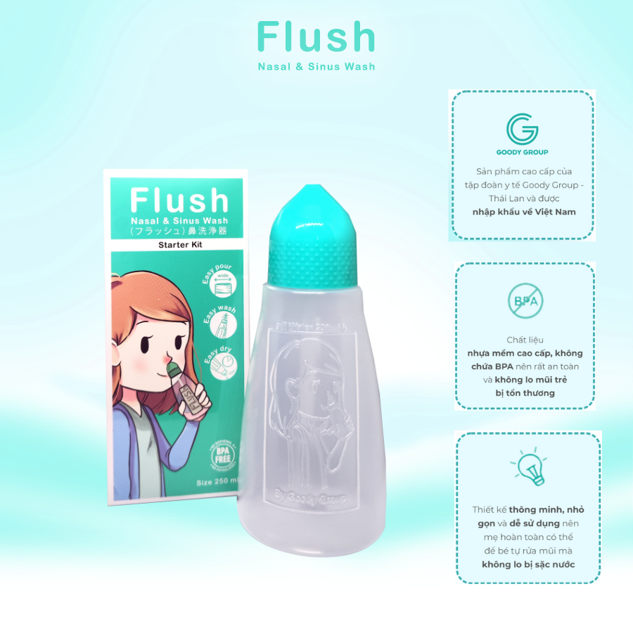 Combo Bình Rửa Mũi Cho Trẻ FLUSH Chính Hãng Gồm 1 Bình Và 60 Gói Muối Tinh Khiết