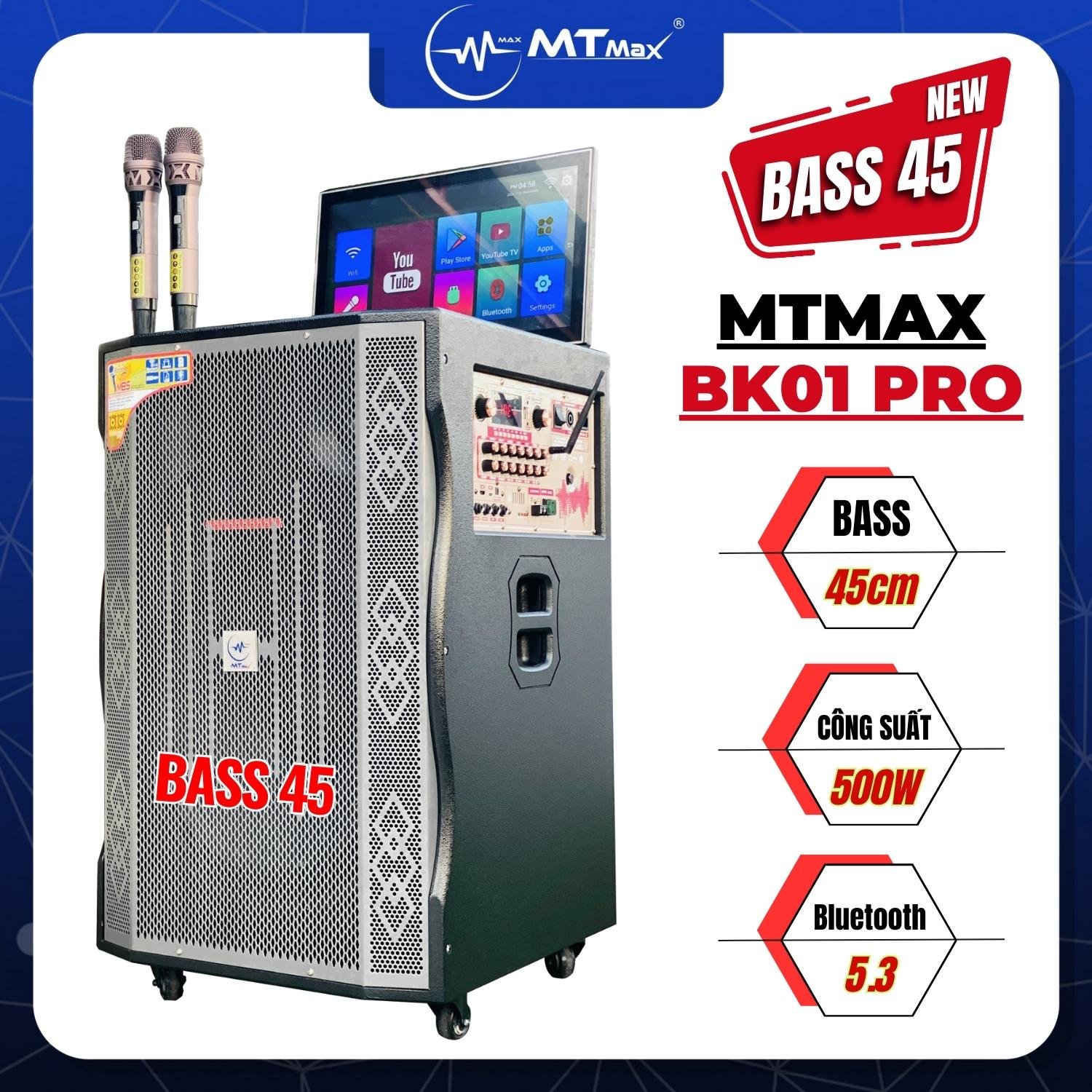 HÀNG CHÍNH HÃNG | Loa Kéo Màn Hình Karaoke 19inch MTMAX BK01 Pro -  Bass Siêu Trầm 45cm , 3 Đường Tiếng Cao Cấp, Âm Thanh Đỉnh Cao, Đi Kèm 2 Micro Không Dây Cao Cấp Chính Hãng Bảo Hành 12 Tháng
