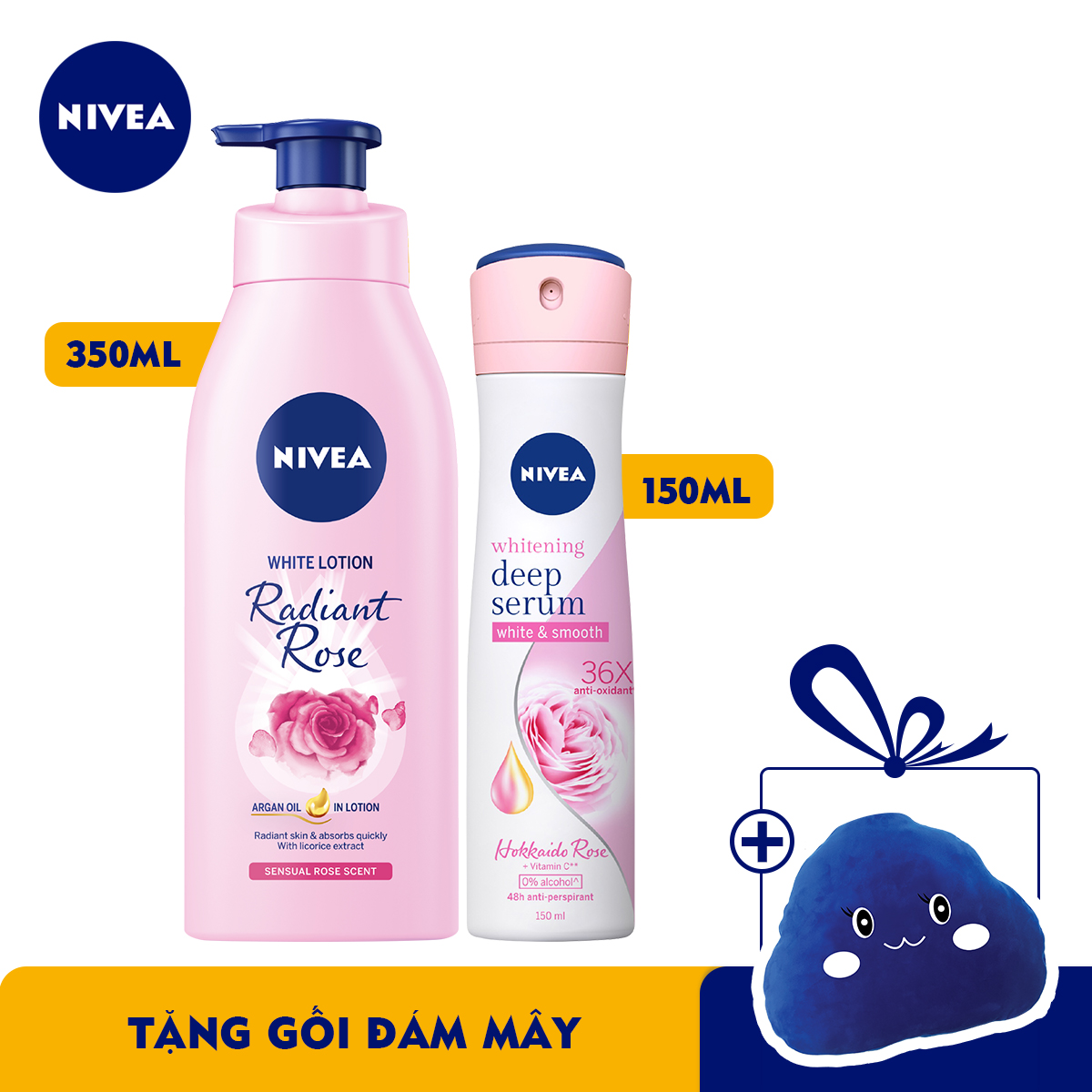 Bộ đôi Sữa Dưỡng Thể Dưỡng Trắng NIVEA Hương Hoa Hồng Radiant Rose (350ml) - 85707 &amp; Xịt Ngăn Mùi Nivea Serum Trắng Mịn Hương Hoa Hồng Hokkaido (150ml) 85304 (TẶNG GỐI BỌT BÔNG SIÊU MỀM MỊN)