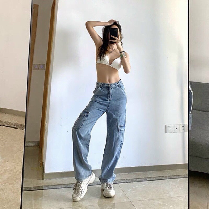 Quần Baggy Jean Nữ Ống Suông Túi Hộp Hai Bên