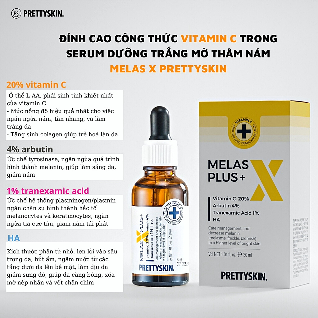 Serum PrettySkin Melas X Plus + Tinh chất dưỡng trắng da mờ thâm hỗ trợ nám dung tích 30ml