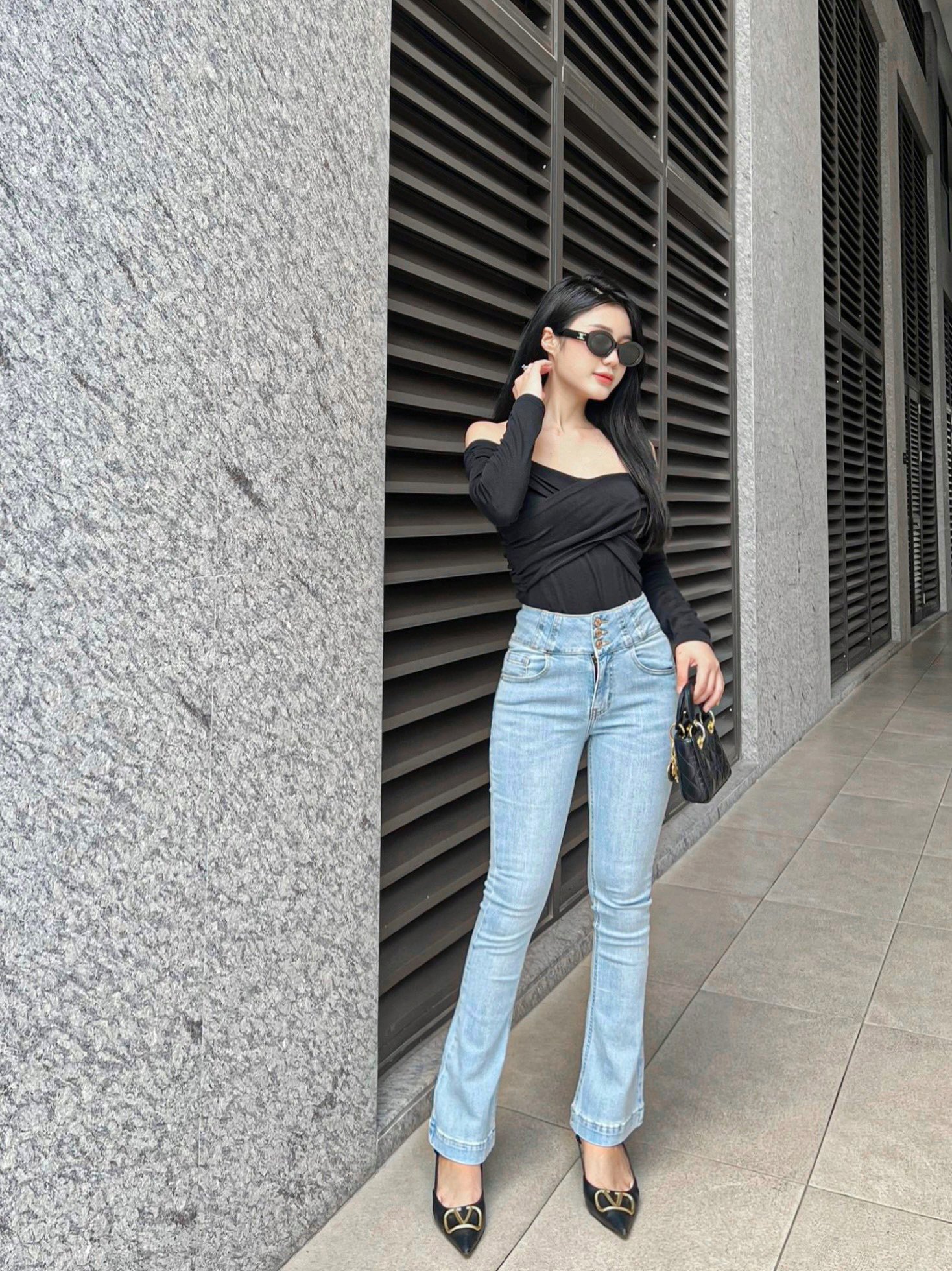 Quần jeans ống loe nữ dáng dài lưng 3 cúc siêu cao co giãn thoải mái thiết kế HQJeans HQ80