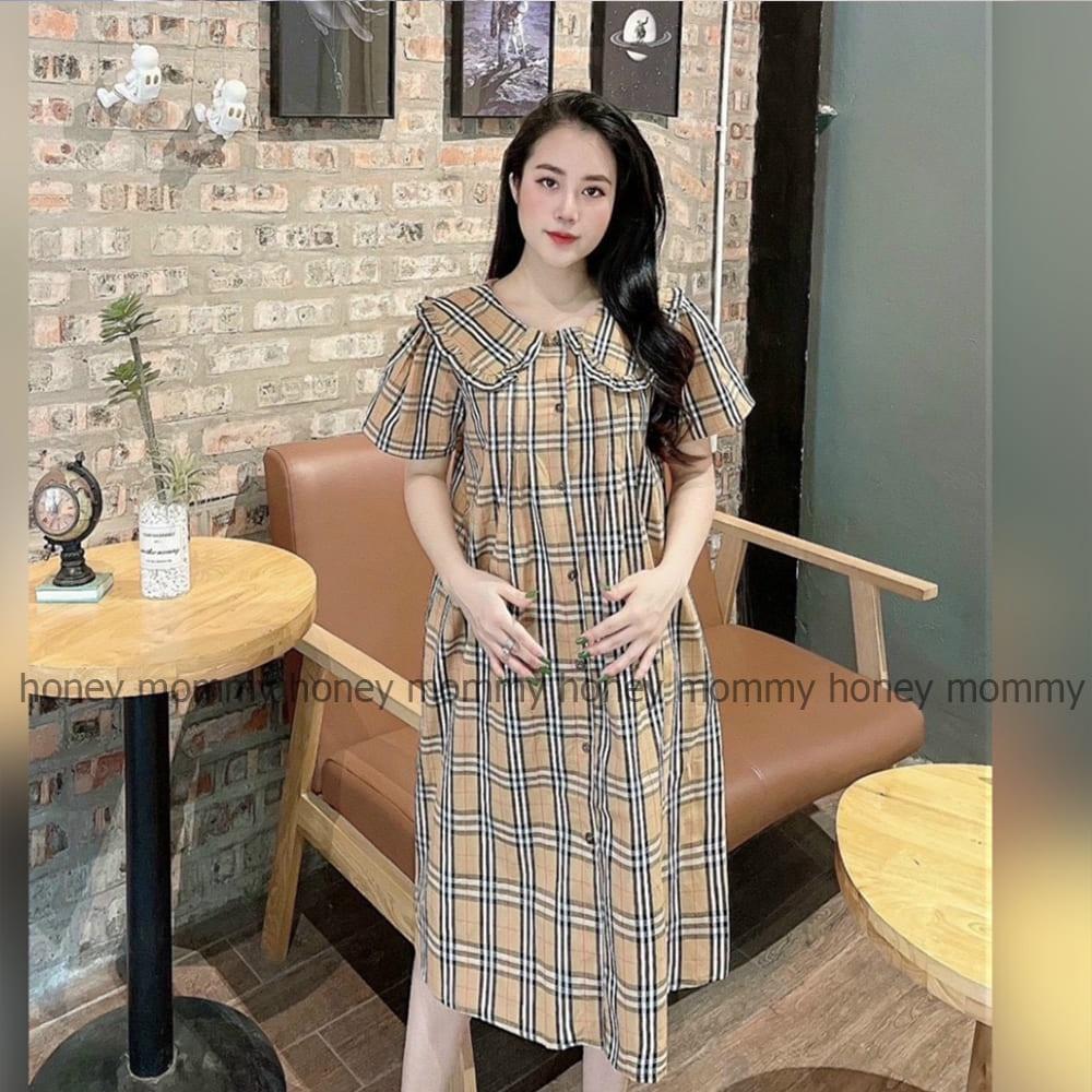 Váy Bầu Đầm Bầu Mùa Hè Kẻ Caro Nâu Cổ Sen Thiết Kế Thời Trang Xinh Xắn HD2881 Honey Mommy