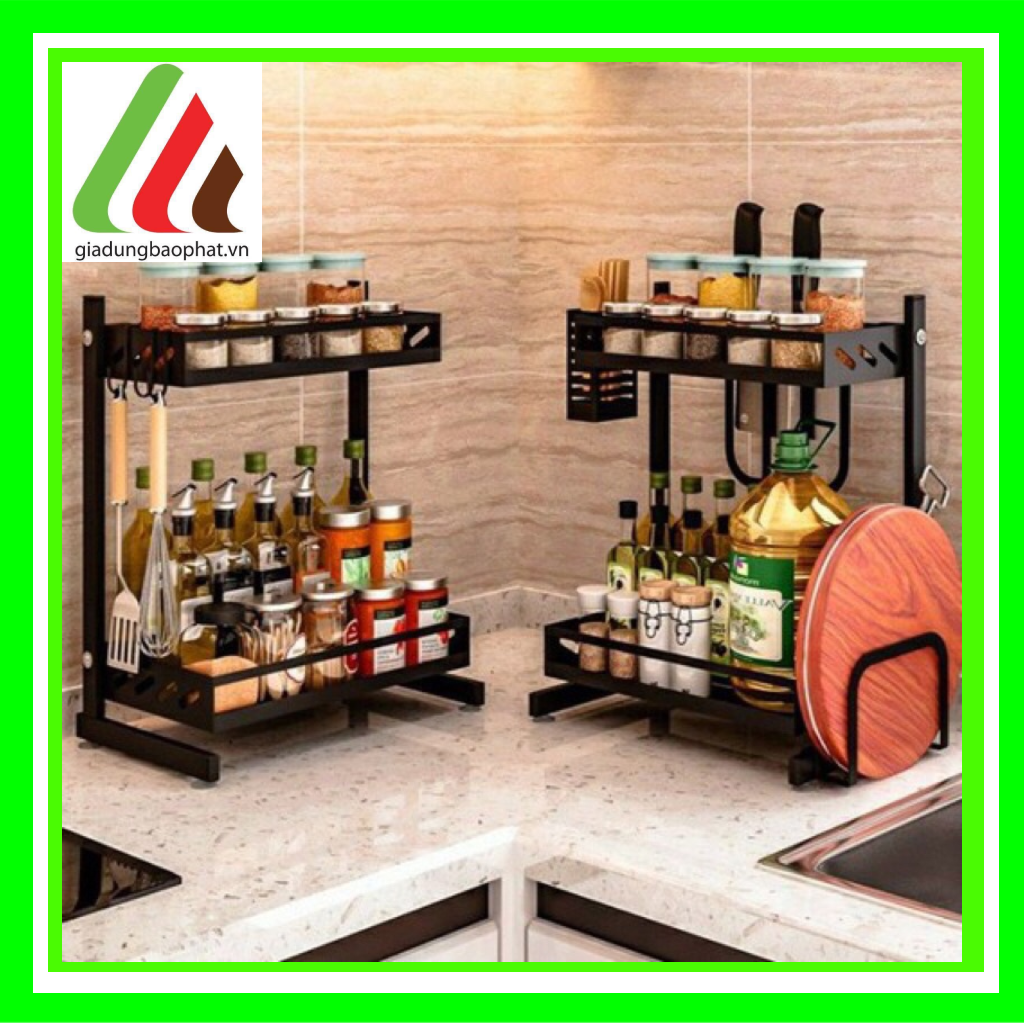 Kệ đựng gia vị 2 tầng sắt sơn tĩnh điện đa năng giúp sắp xếp gọn gàng nhà bếp sạch sẽ