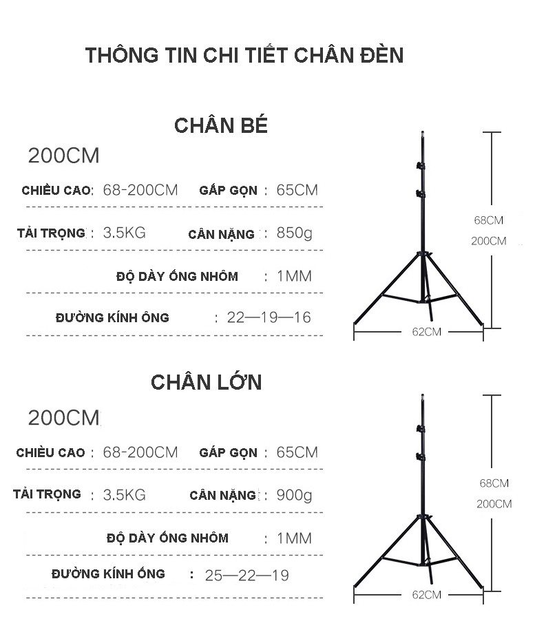 Chân Đèn Studio, Chân Đèn Flash Cho Chụp Ảnh, Quay Phim,  Livestream làm bằng hợp kim nhôm cao 2m gấp gọn 70cm