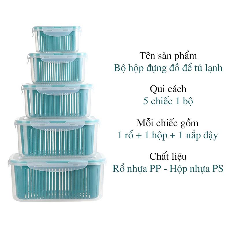 Bộ 5 hộp nhựa 2 lớp đựng thực phẩm, thức ăn, rau củ quả bảo quản trong tủ lạnh có nắp đậy và quai xách