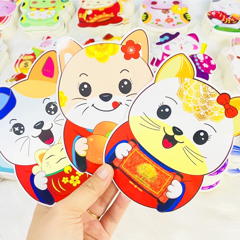 Bao lì xì chibi Quý Mão 2023 cao cấp, Bao lì xì Tết họa tiết hình mèo ngộ nghĩnh – LX006