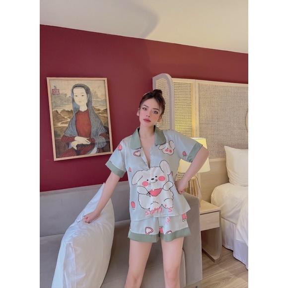 Bộ đồ ngủ Pijama đồ bộ lụa quần đùi cộc tay hoạ tiết thỏ sen kute siêu hot
