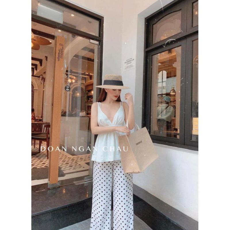 Set áo 2 dây bèo quần suông chấm bi