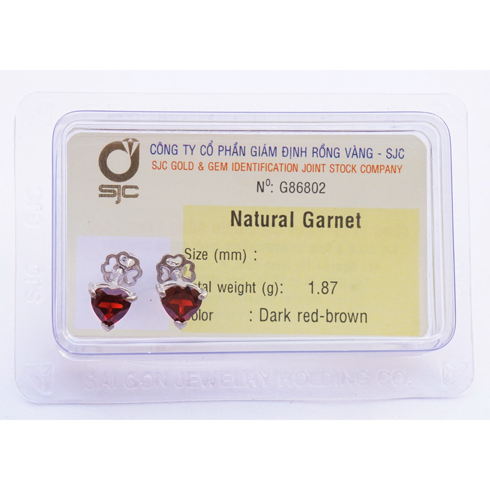 Bông tai đá Garnet thiên nhiên đỏ tự nhiên 5mm chuôi bạc trái tim kiểm định
