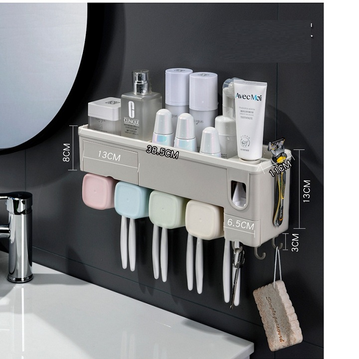 Giá kệ để đồ phòng tắm treo bàn chải đánh răng đa năng kèm 4 cốc, nhả kem tự động, không cần khoan tường