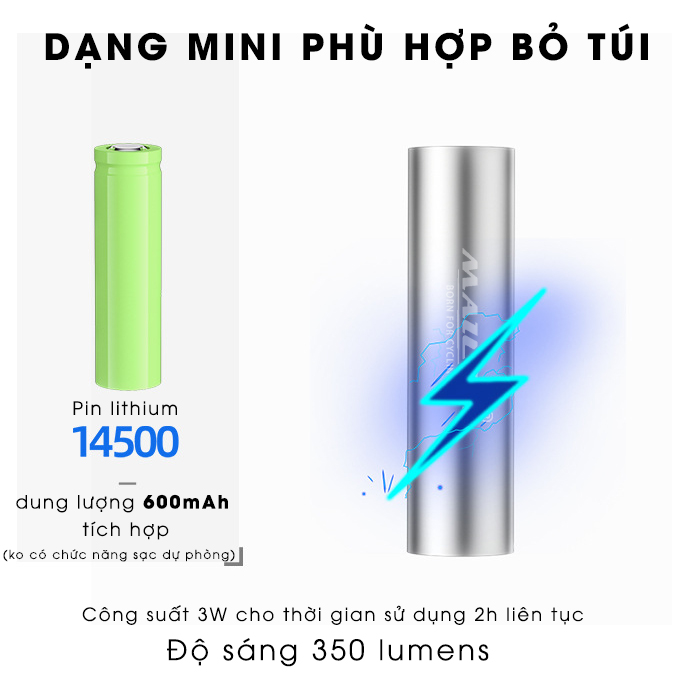 Đèn Pin Led Mini MAILEE D02-mini cho xe đạp Có Sạc USB bóng Led XPE 3W 350lumens (không zoom) nhỏ gọn bỏ túi (không kèm chân đế)