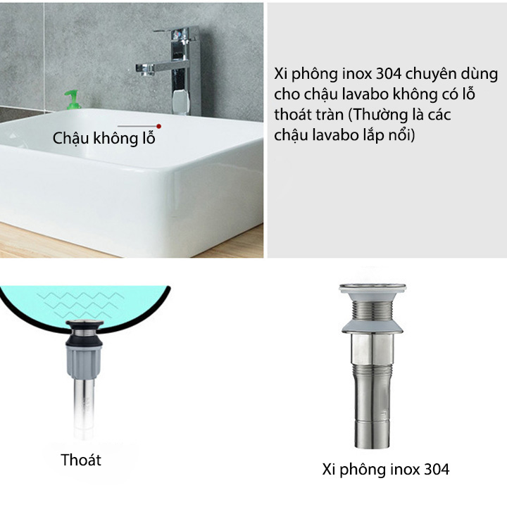 Xi phông chậu rửa mặt lavabo bằng inox 304, nút nhấn đóng xả, dùng cho chậu không lỗ thoát tràn