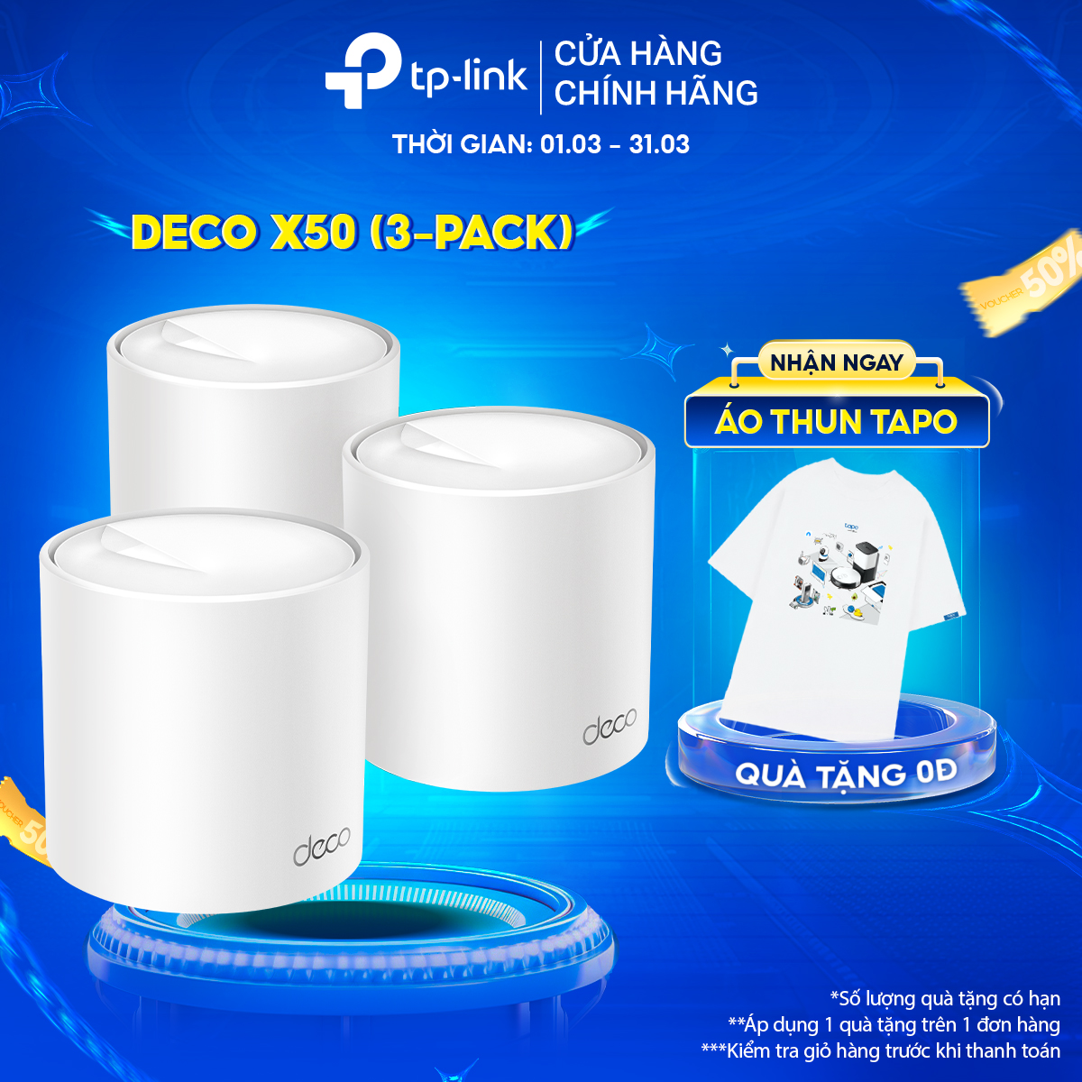 Bộ Phát Wifi Mesh TP-Link Deco X50 Chuẩn WiFi 6 AX3000 - Hàng Chính Hãng - 3-pack