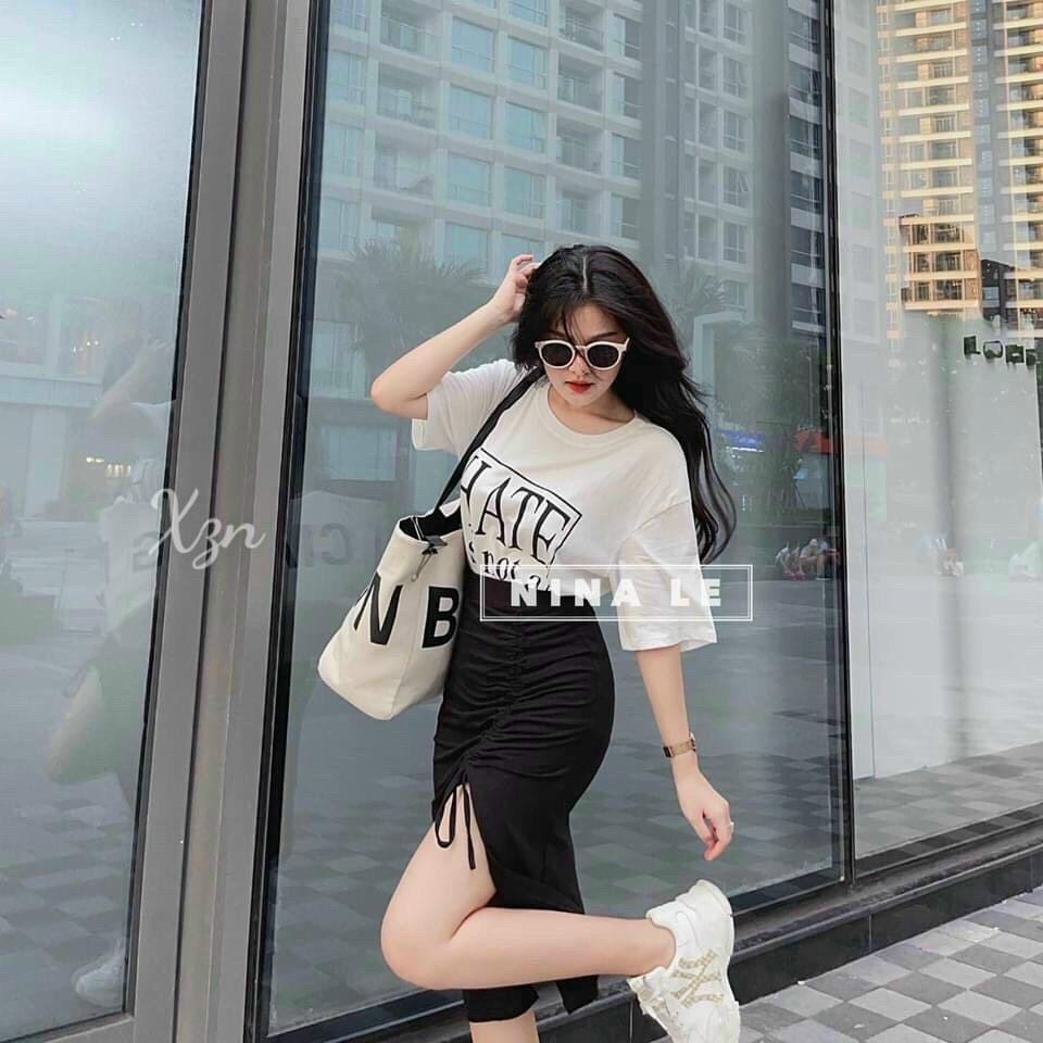 Set bộ áo thin HATE from rộng mix chân váy nhún hông cột nơ quyến rũ năng động