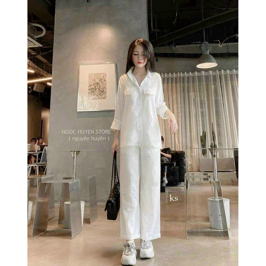 Set đồ jumsuit nữ, bộ quần suông ống rộng kèm áo sơ mi