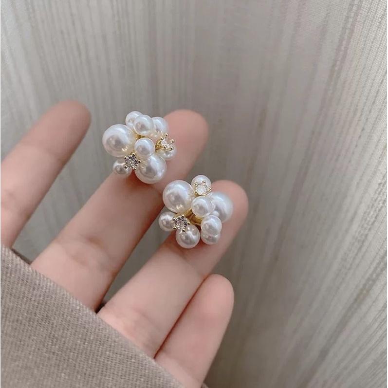 Khuyên tai bông tai nữ chùm hạt trai bất cân xứng đính ngọc sáng đẹp Ring House