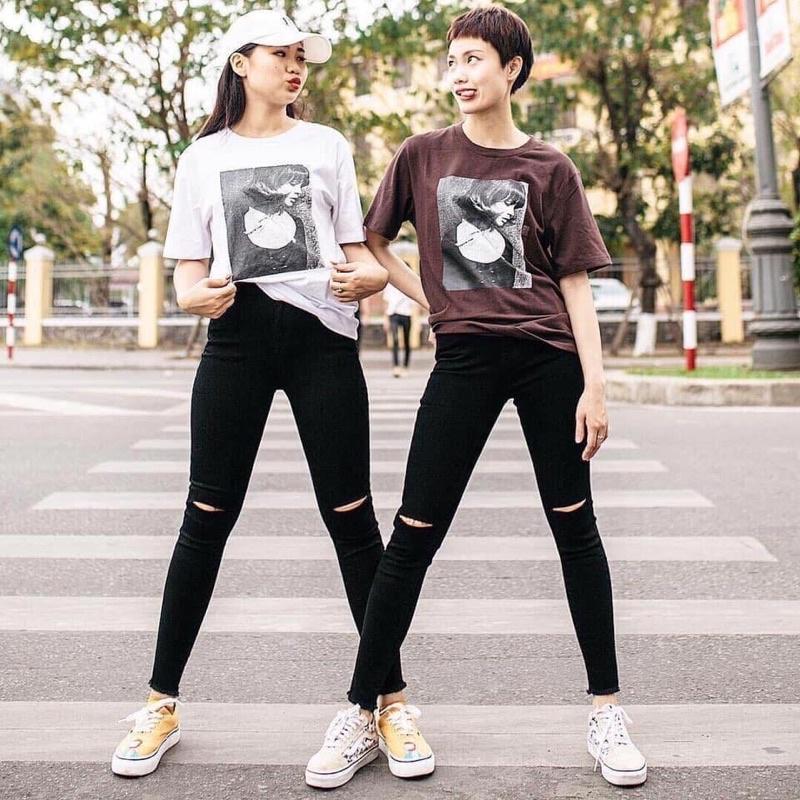 Quần jean nữ rách gối rách gấu lưng cao co giãn