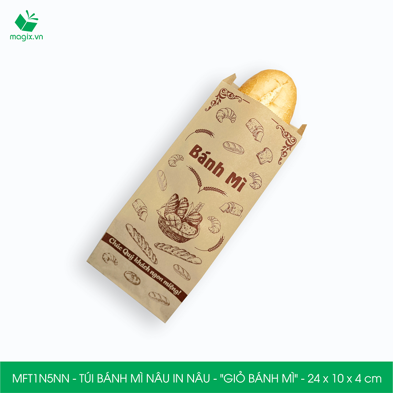 MFT1N5NN - 24x10x4 cm - 1000 Túi bánh mì Nâu, in sẵn họa tiết GIỎ BÁNH MÌ - Bao bánh mì Túi giấy thực phẩm an toàn