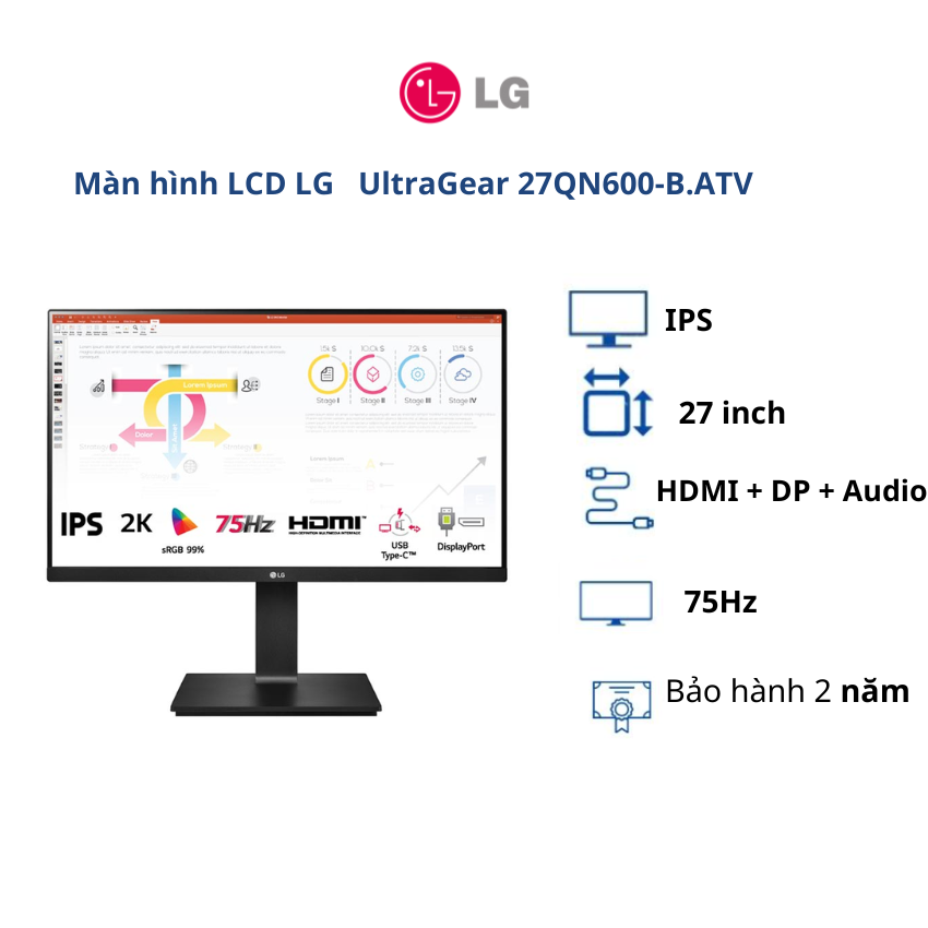 Màn hình LCD LG 27 inch UltraGear 27QN600-B.ATV (WFHD| IPS| 75Hz| HDMI+DP+Audio)- BH chính hãng 24 tháng/ Hàng chính hãng