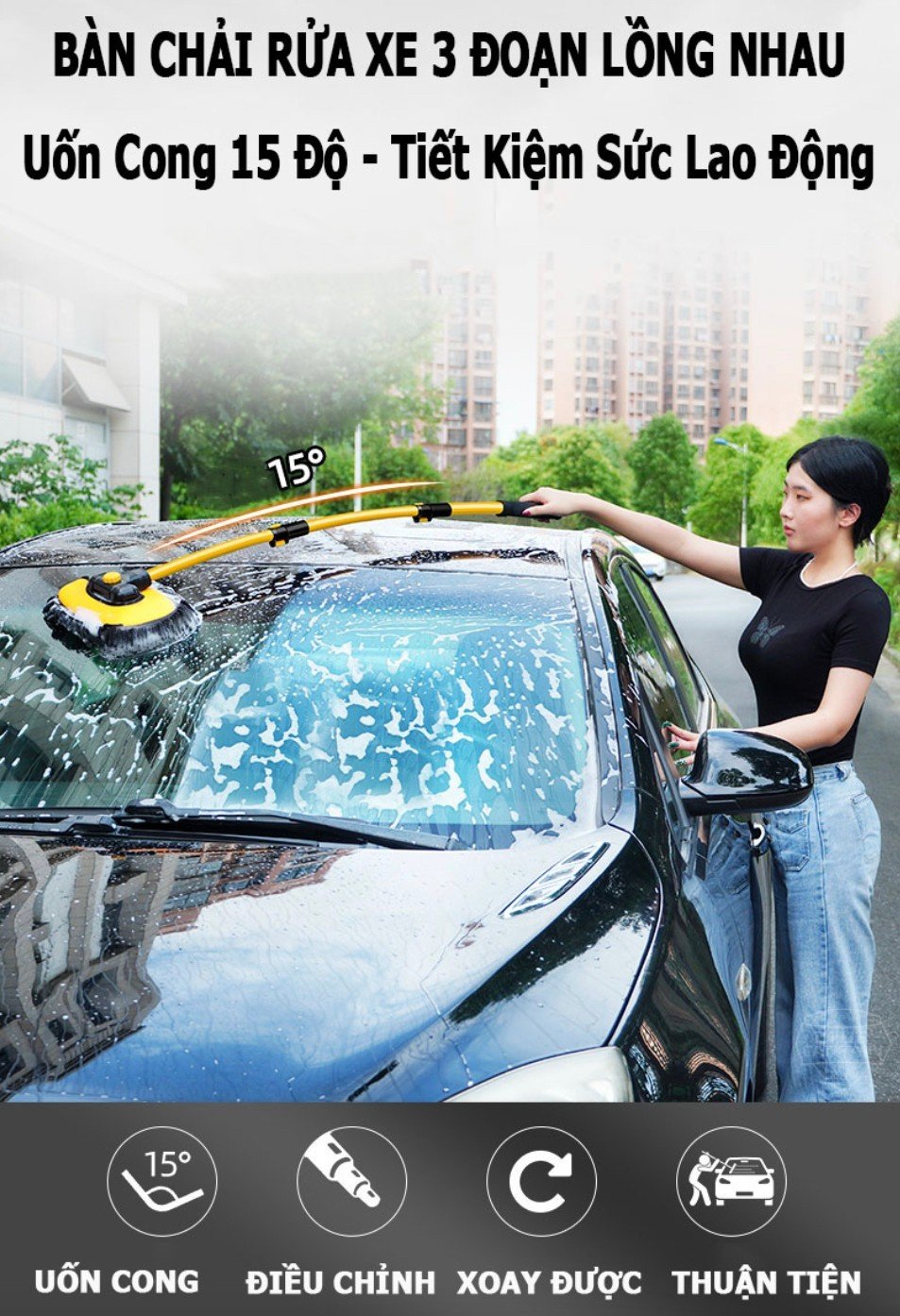 Chổi rửa xe ô tô , lau kính , sàn nhà sợi mềm điều chỉnh được độ cong và độ dài tiện lợi