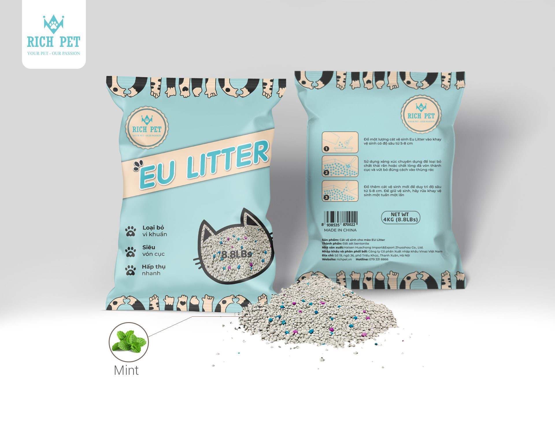 Cát Vệ Sinh Cho Mèo Siêu Vón Cục Siêu Ít Bụi EU Litter Khử Mùi Mạnh Mẽ, Siêu Tiết Kiệm - bạc hà