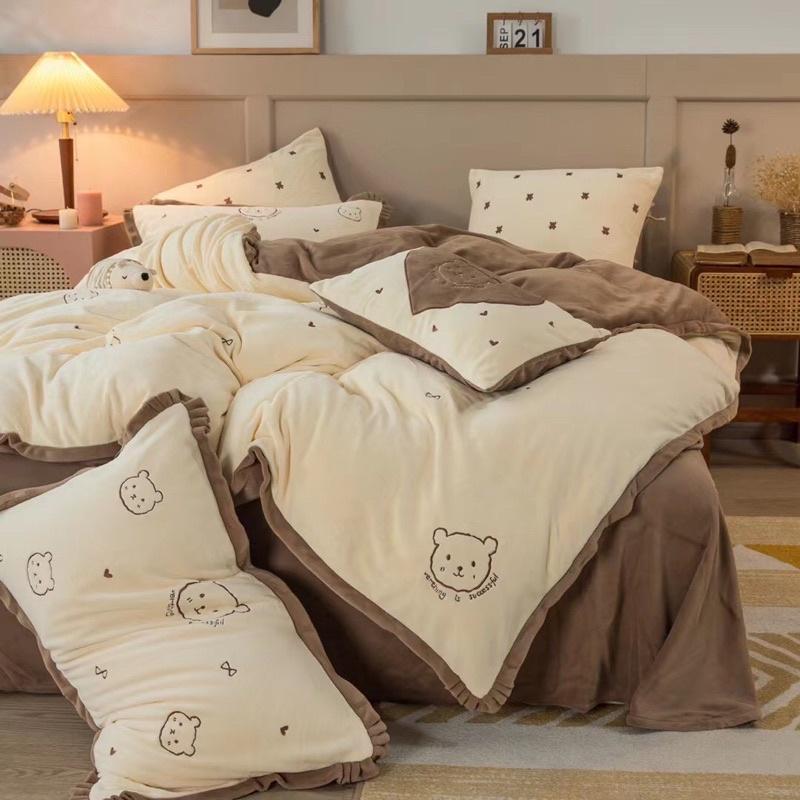 Bộ Chăn Ga Gối Nỉ Nhung Mịn Hàng Nhập Khẩu Cao Cấp 4 Món Gấu Teddy