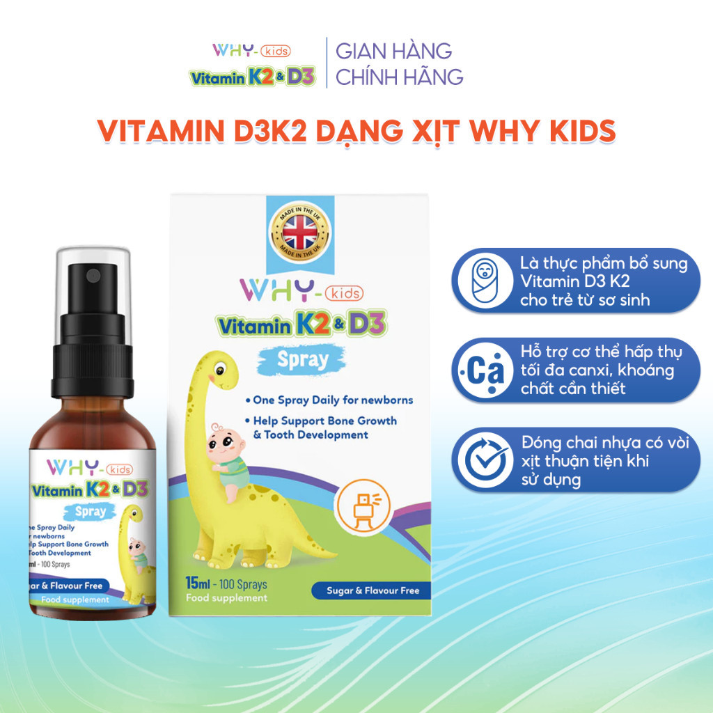 [Mua 2 Tặng 1 Kem] Vitamin D3 K2 Whykids Dạng Xịt Giúp Bé Tăng Khả Năng Hấp Thụ Canxi Tốt Cho Sức Khoẻ - Chai 15m