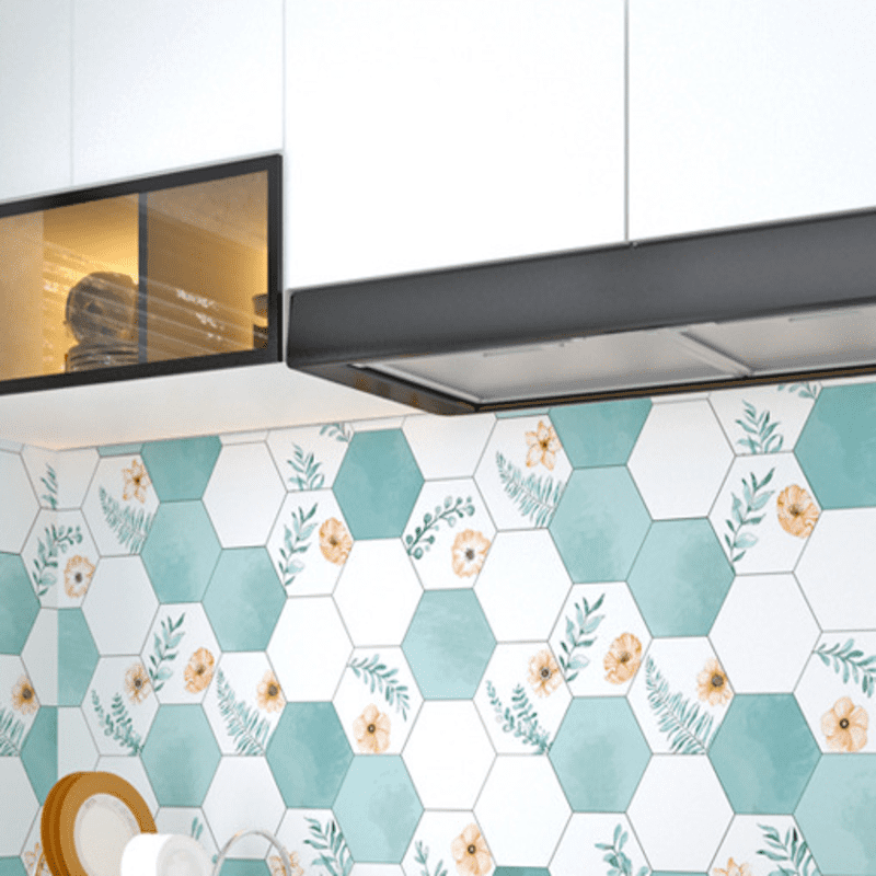Decal dán bếp tráng nhôm Lục giác hoa trắng xanh khổ 60cm