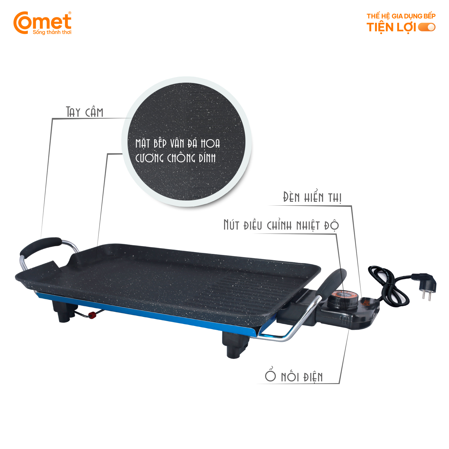 Bếp nướng điện không khói Comet CM5665 – Công suất 1400W, chống dính vân đá, điều chỉnh nhiệt độ – Bảo hành 12 tháng, Hàng Chính hãng