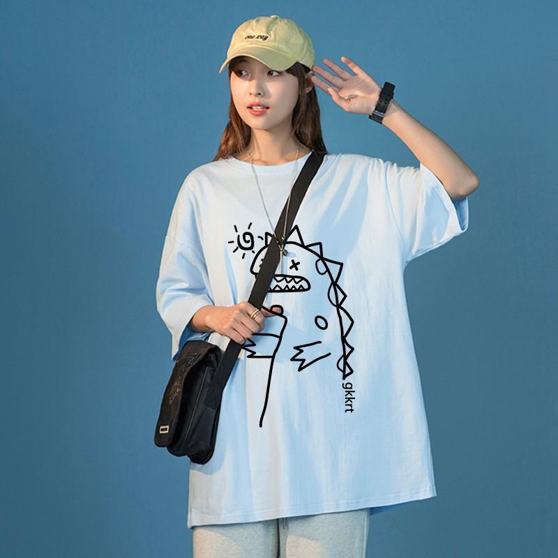 Áo phông nam nữ unisex tay lỡ thun form rộng teen cổ tròn oversize cotton giá rẻ basic đen trắng tee pull freesize KHỦNG LONG DỄ THƯƠNG