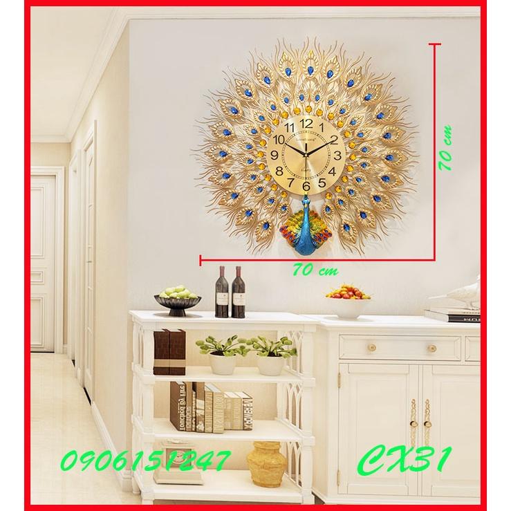 Đồng hồ treo tường trang trí decor chim công CX31 Khổng Tước vàng kích thước 70 x 70 cm