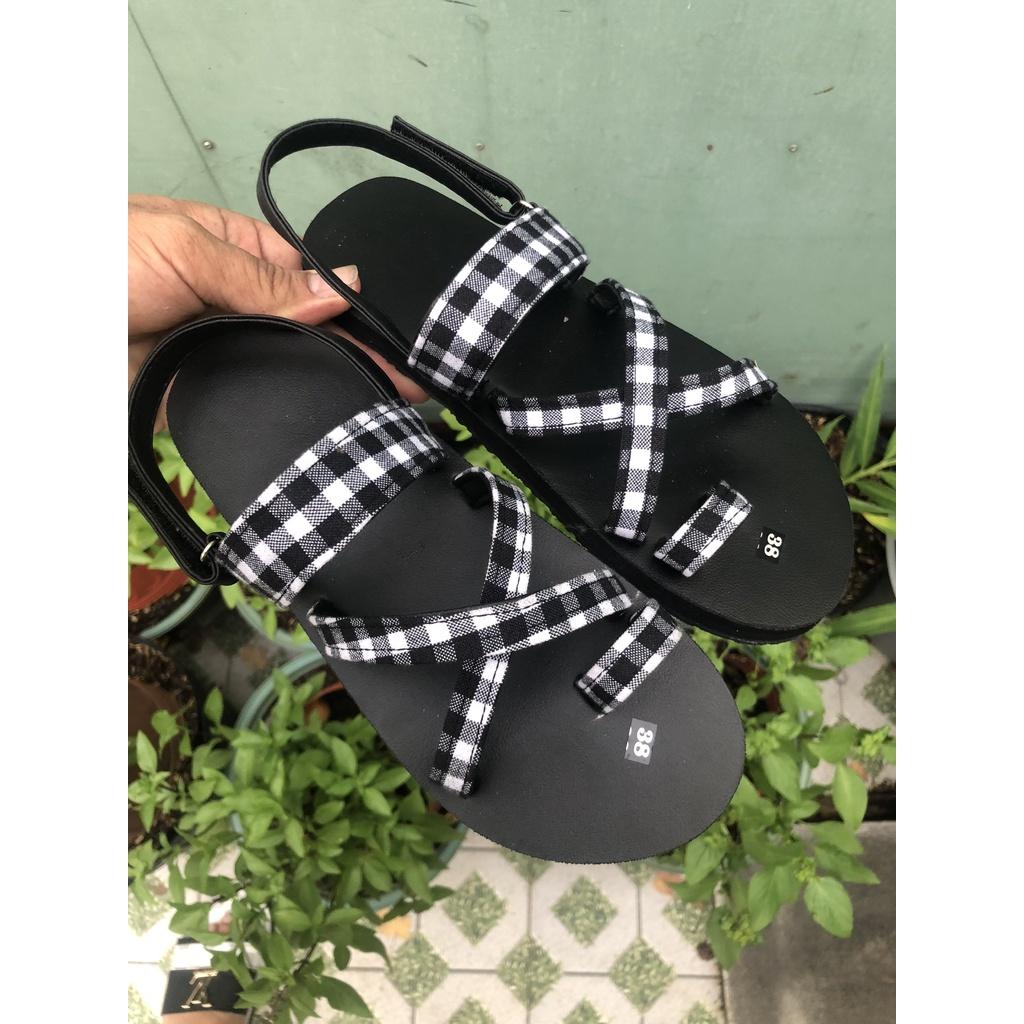 xăng đan nữ sandal đồng nai đế đen quai ca rô