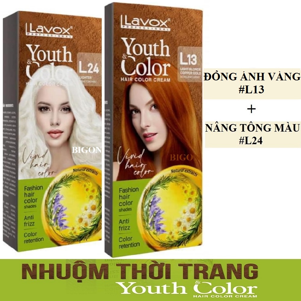 Đồng Ánh Vàng - Combo 2 Kem Nhuộm Tóc Màu Thời Trang Lavox Youth&amp;Color L13 Đồng Ánh Vàng + L24 Nâng Tông Màu (Sử Dụng Màu L24 Để Nâng Tông Màu Tóc Trước Khi Nhuộm Màu L13 Đồng Ánh Vàng)