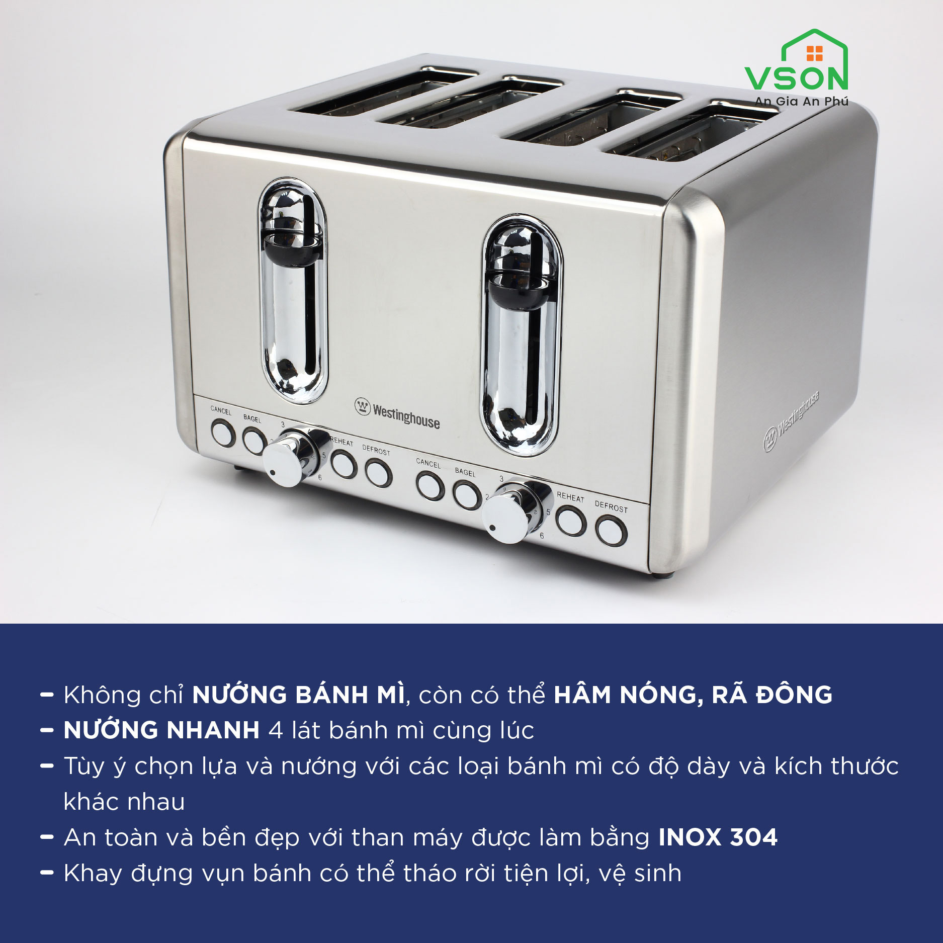 Máy kẹp nướng bánh mỳ sandwich 4 lát WestingHouse WKTT010 Công suất 815W 4 khe nướng - Hàng chính hãng Mỹ