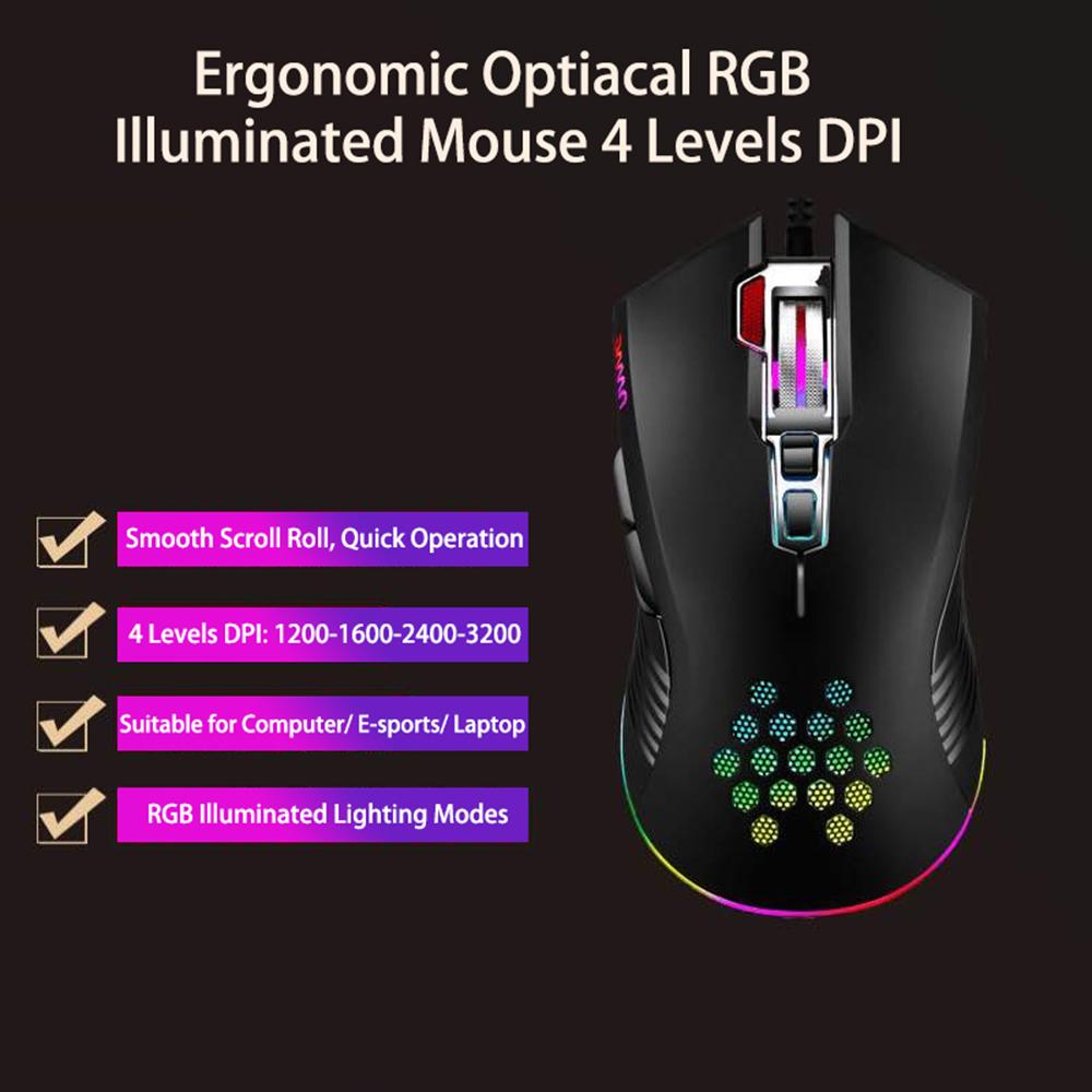 Mouse with USB Chargeing Port Design Ergonomic Optiacal RGB Illuminated Mouse 4 Levels DPI with Scroll Wheel 2 Thumb