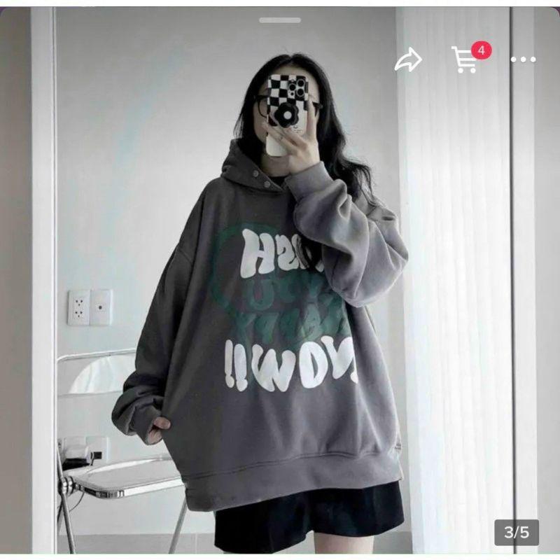 Áo Khoác hoodie nữ WIST_9 nỉ ngoại cao cấp form rộng,nón to có nút bấm kiểu most hình in nổi 2 màu xám,nâu cá tính