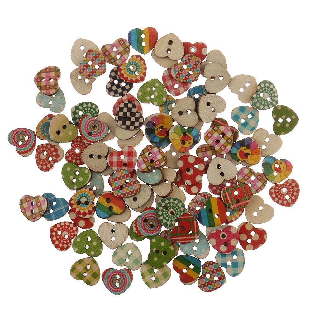 2-4pack 100pcs Heart Shaped Painted 2 Hole Wood Buttons 15mm for Sewing