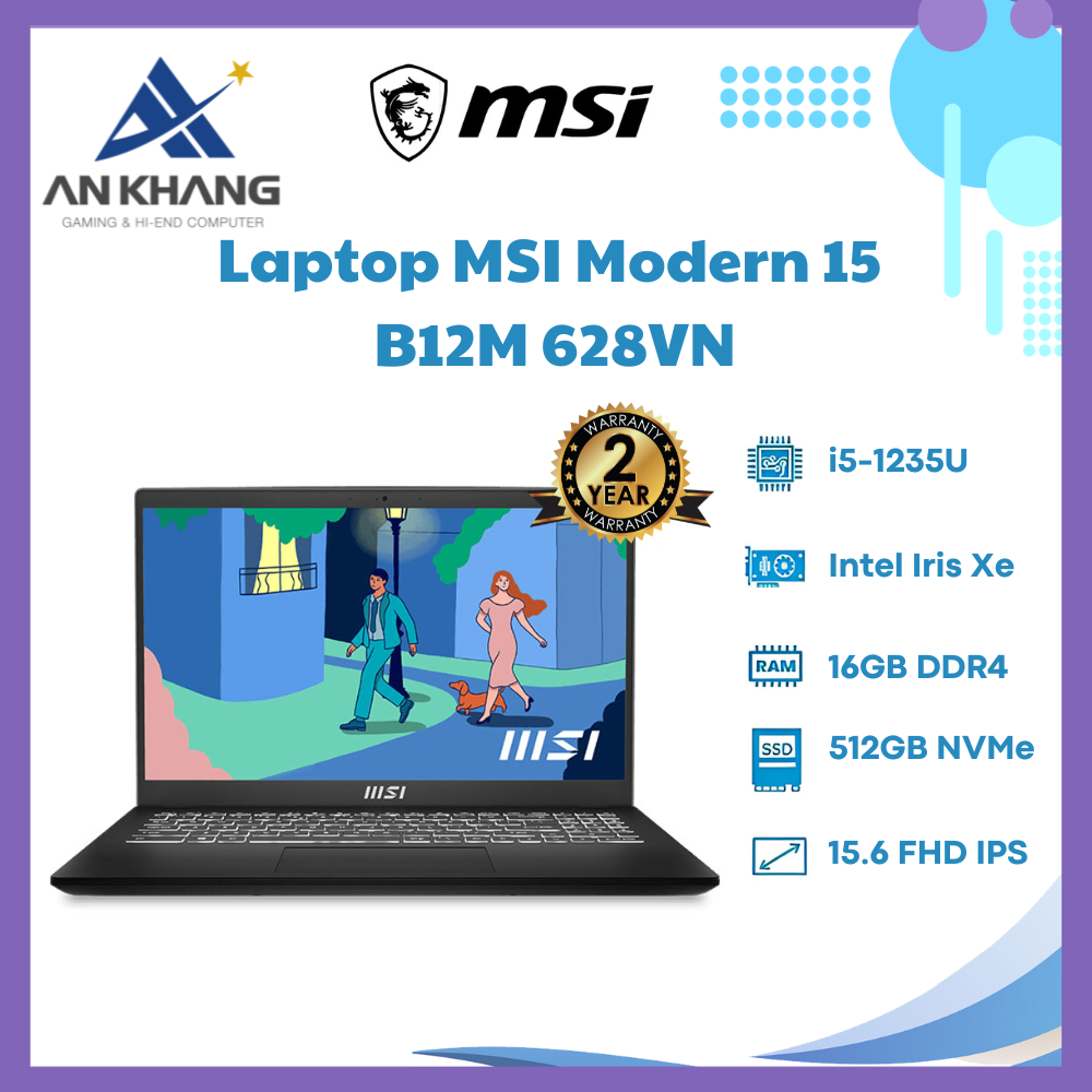 Laptop MSI Modern 15 B12M 628VN (Core i5-1235U | 16GB | 512GB | Intel Iris Xe | 15.6inch FHD, 60Hz | Win 11 | Đen) - Hàng Chính Hãng - Bảo Hành 24 Tháng