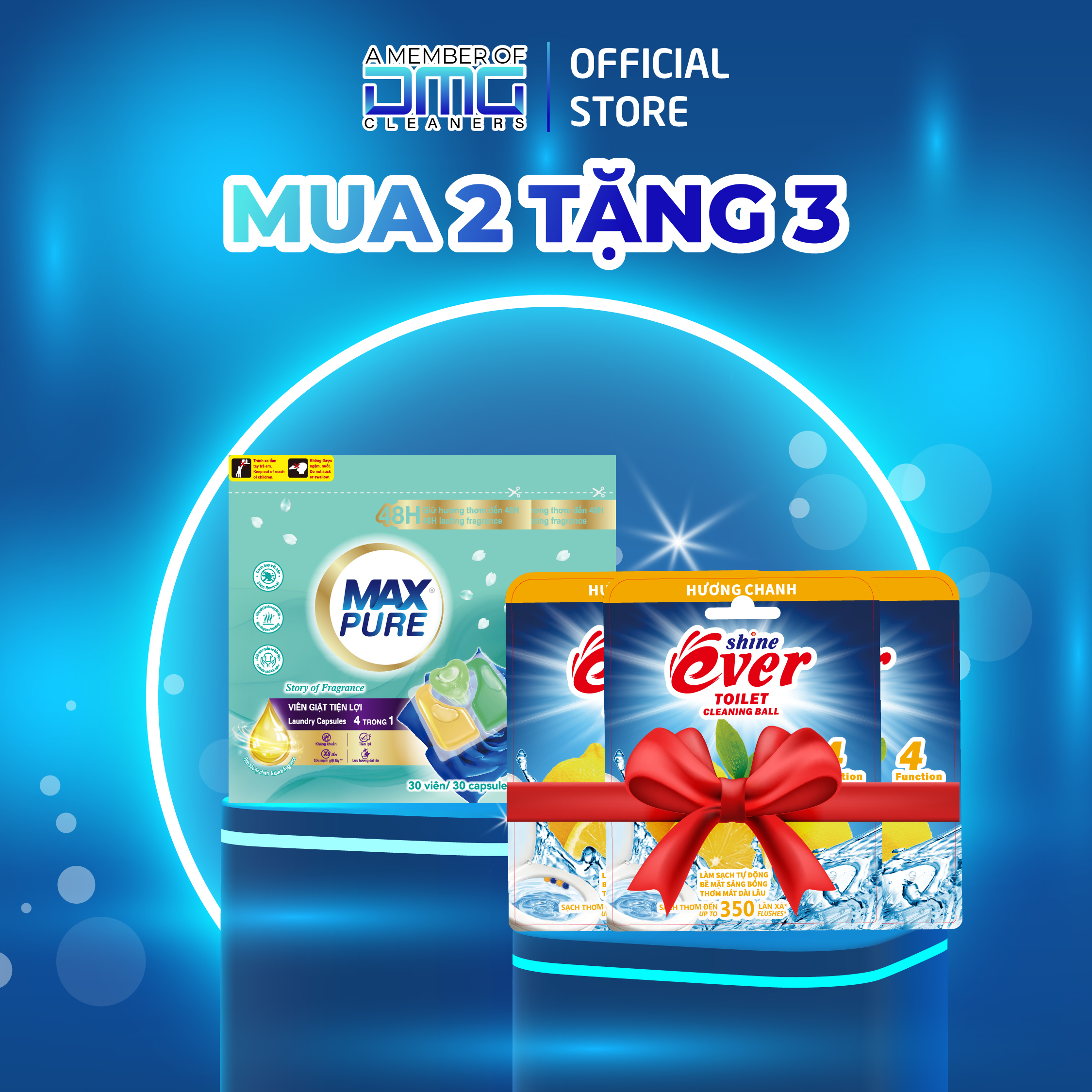 Combo 2 Túi viên giặt Maxpure Hương Huyền Thoại 30v tặng 2 vỉ viên treo bồn câu Evershine