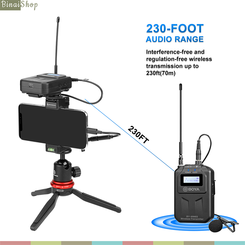 Boya BY-WM6S - Micro Thu Âm Không Dây Cho Điện Thoại, Máy Ảnh, Máy Quay, 48 Kênh Sóng UHF, Phạm Vi Hoạt Động 70m- Hàng chính hãng