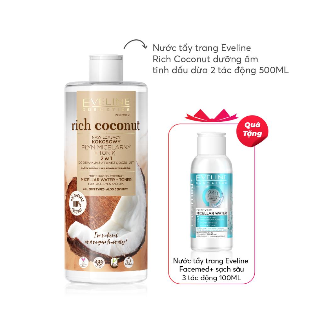 [Tặng serum eveline] Nước tẩy trang Eveline Rich Coconut dưỡng ẩm tinh dầu dừa 2 tác động 500ML